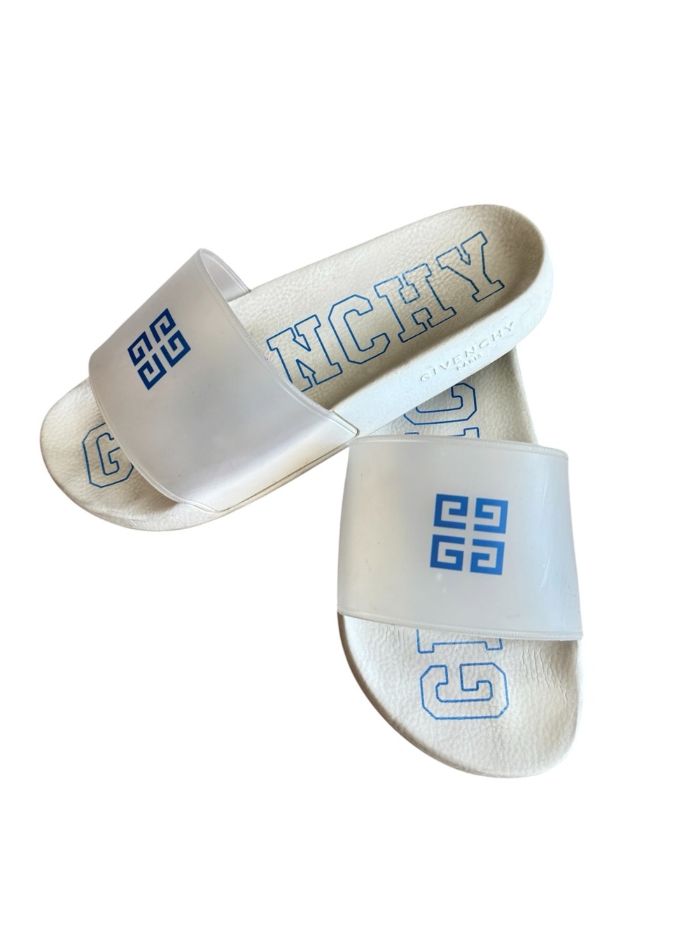 Givenchy White Slide Sandals with Blue Logo. Size 9